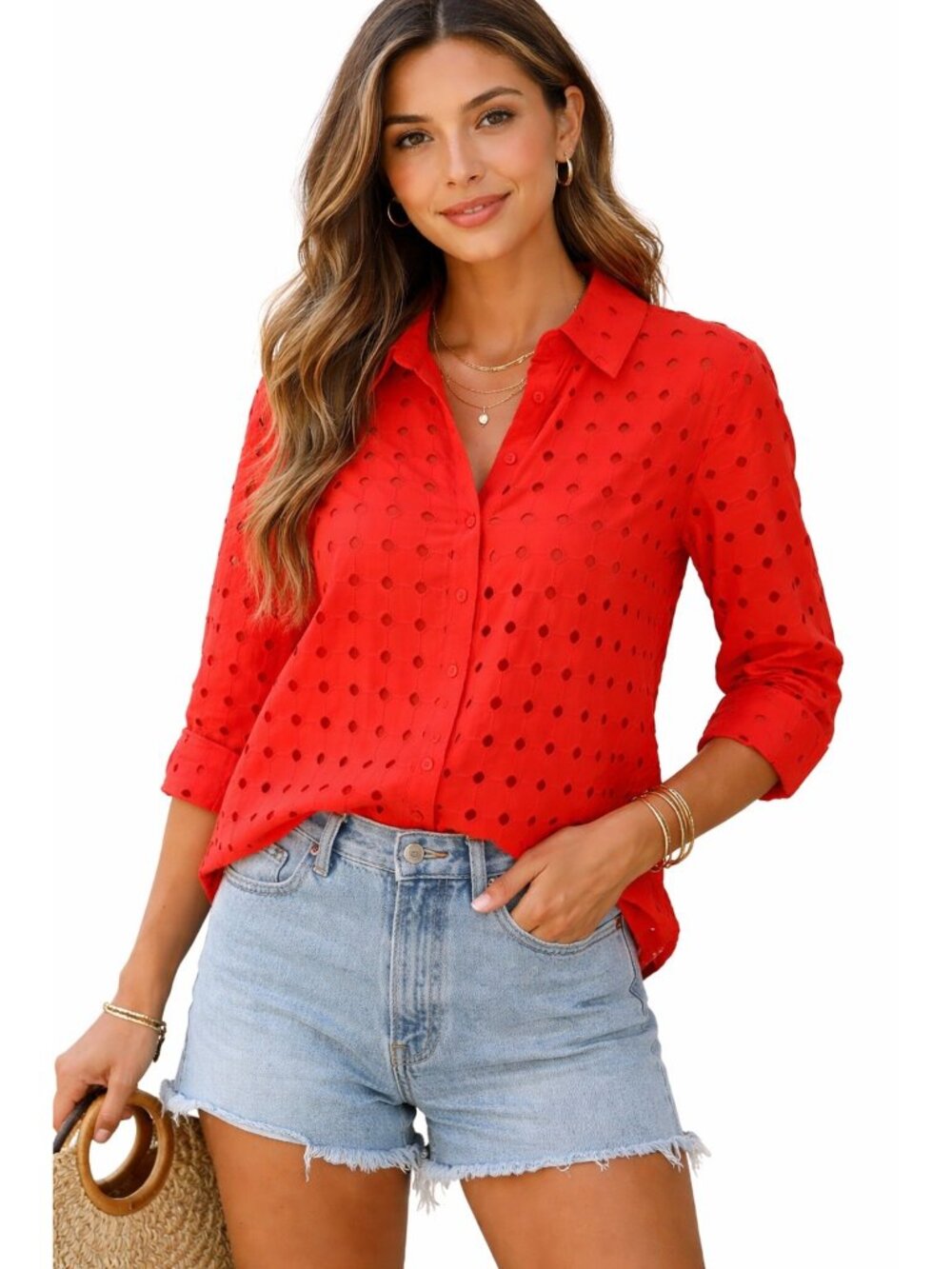Adiva Blouse Women's S Orange Embroidered Eyelet Button Down Collared Shirt